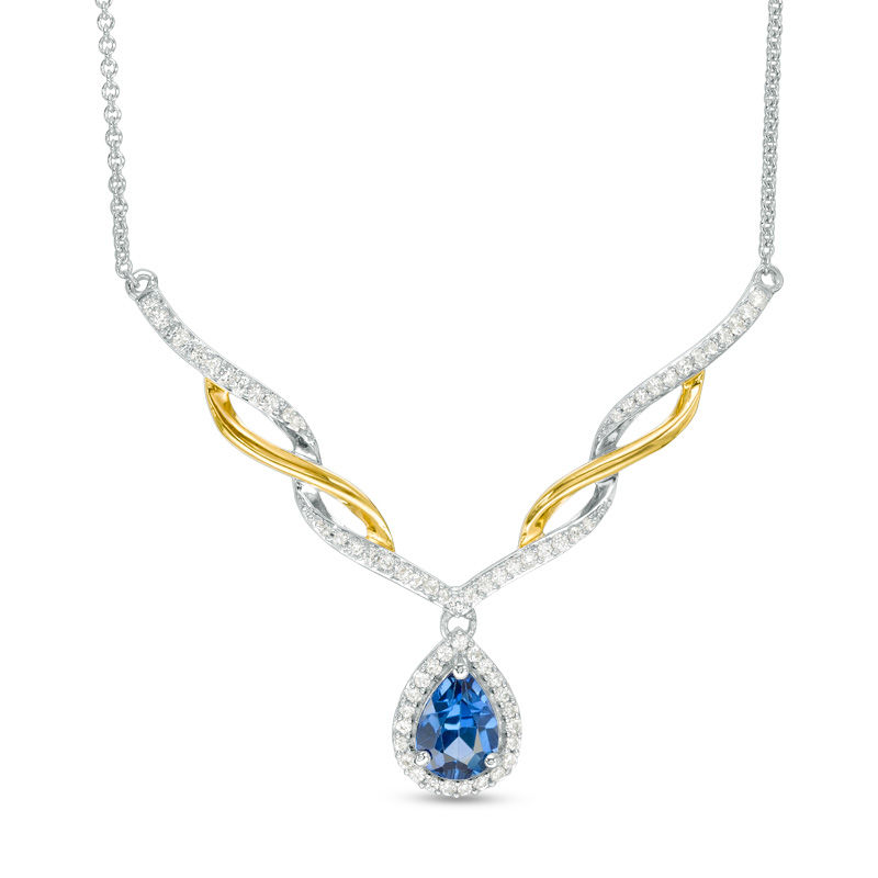 Pear-Shaped Lab-Created Ceylon Blue and White Sapphire Chevron Necklace in Sterling Silver with 14K Gold Plate