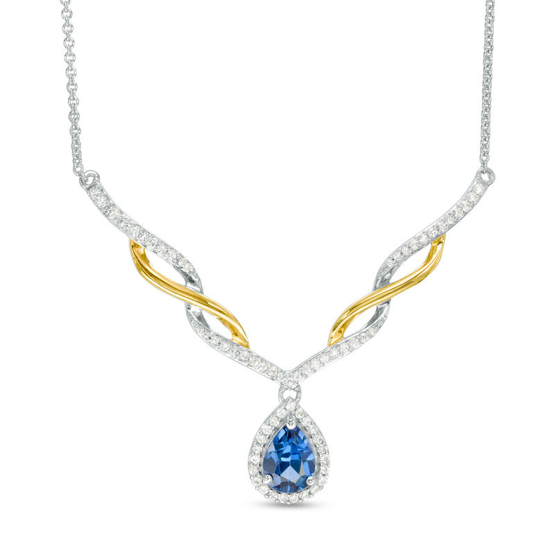 Main Image 1 of Pear-Shaped Lab-Created Ceylon Blue and White Sapphire Chevron Necklace in Sterling Silver with 14K Gold Plate