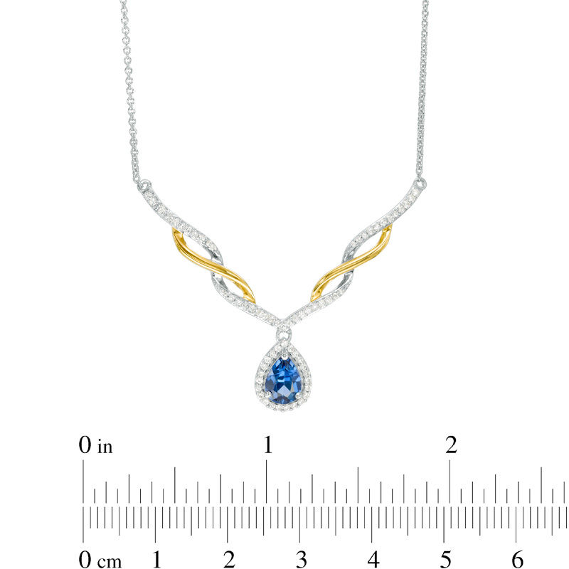 Pear-Shaped Lab-Created Ceylon Blue and White Sapphire Chevron Necklace in Sterling Silver with 14K Gold Plate