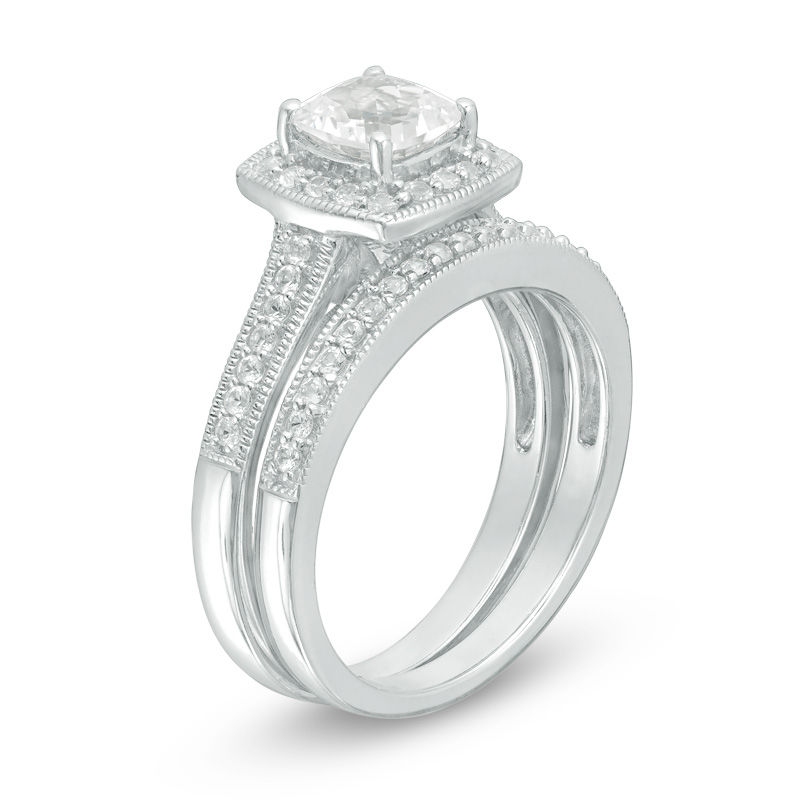 6.0mm Cushion-Cut Lab-Created White Sapphire Frame Bridal Set in Sterling Silver