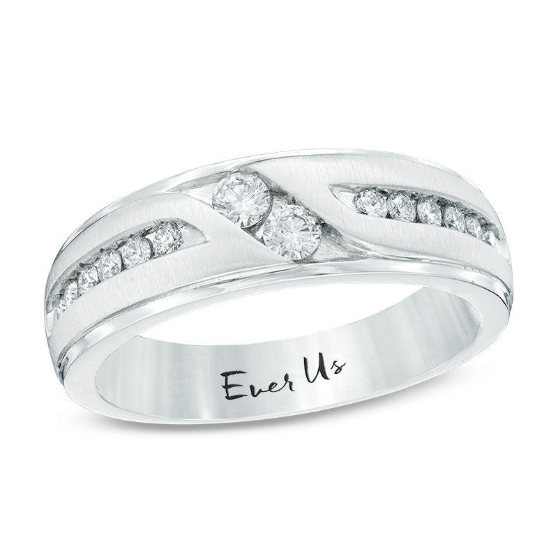 Main Image 1 of Ever Us® Men's 1/2 CT. T.W. Two Stone Diamond Satin Slant Band in 14K White Gold