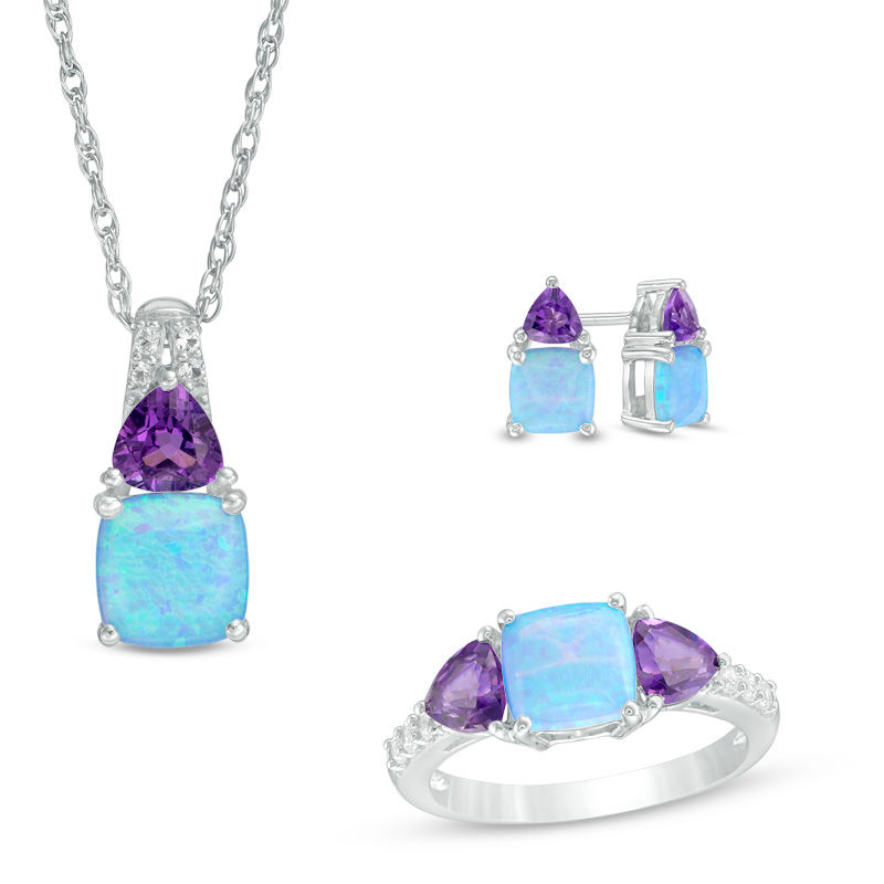 Main Image 1 of Lab-Created Blue Opal, Amethyst and White Sapphire Three Piece Set in Sterling Silver