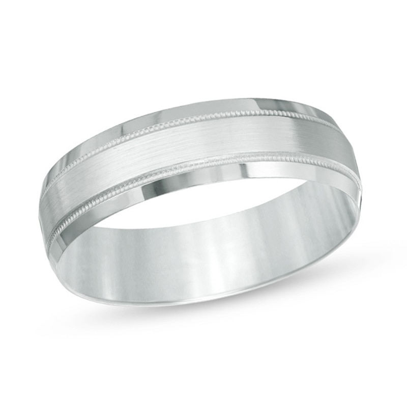 Main Image 1 of Men's 6.0mm Brushed Center Milgrain Comfort Fit Wedding Band in 10K White Gold