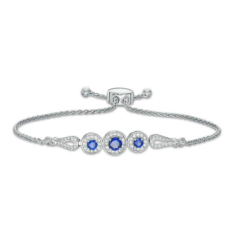 Lab-Created Blue and White Sapphire Frame with Loop Accent Bolo Bracelet in Sterling Silver - 9"