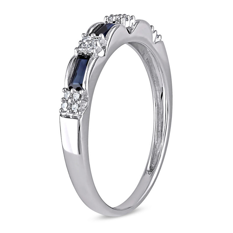 Baguette Blue Sapphire and Diamond Accent Three Stone Band in 10K White Gold