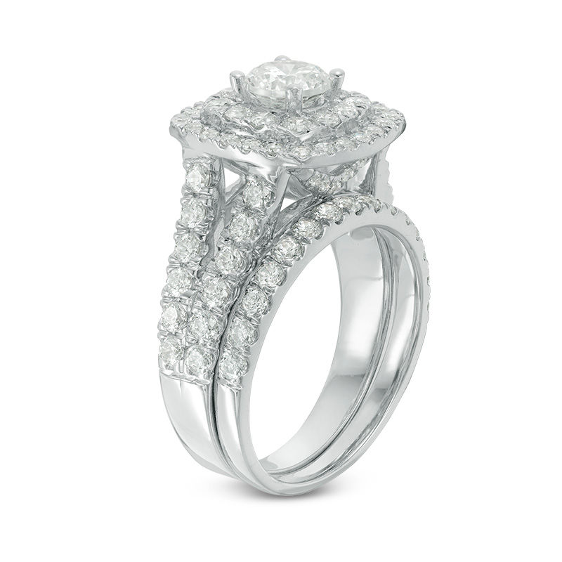 2-1/2 CT. T.W. Certified Canadian Diamond Double Cushion Frame Bridal Set in 14K White Gold (I/I2)