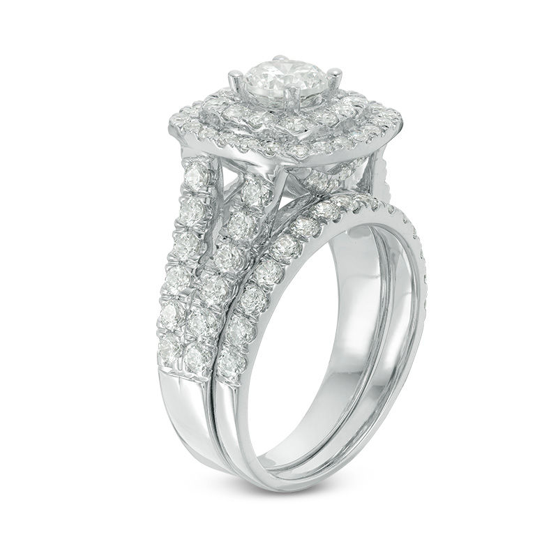 Main Image 2 of 2-1/2 CT. T.W. Certified Canadian Diamond Double Cushion Frame Bridal Set in 14K White Gold (I/I2)