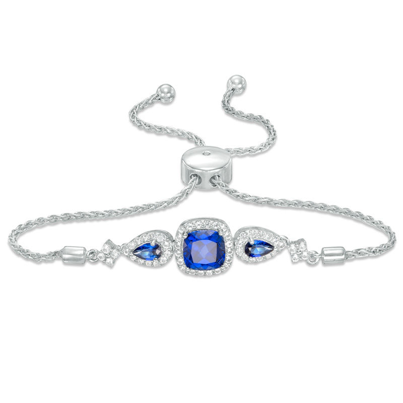 Multi-Shaped Lab-Created Blue and White Sapphire Frame Bolo Bracelet in Sterling Silver - 9.0"