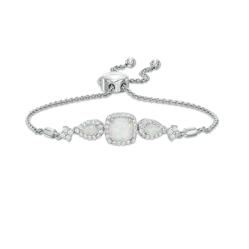 Main Image 1 of Cushion-Cut and Pear-Shaped Lab-Created Opal and White Sapphire Frame Bolo Bracelet in Sterling Silver - 9&quot;