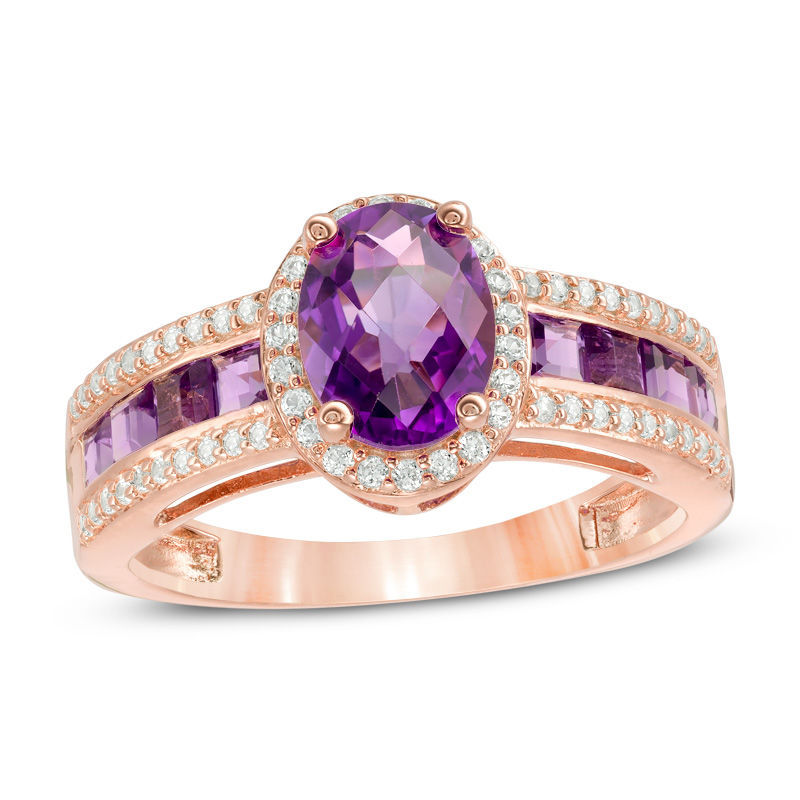 Main Image 1 of Oval Amethyst and Lab-Created White Sapphire Frame Ring in Sterling Silver with 14K Rose Gold Plate