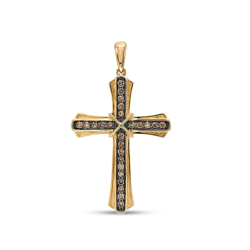 Main Image 1 of Men's 3/4 CT. T.W. Champagne Diamond "X" Flaring Layered Cross Necklace Charm in 10K Gold