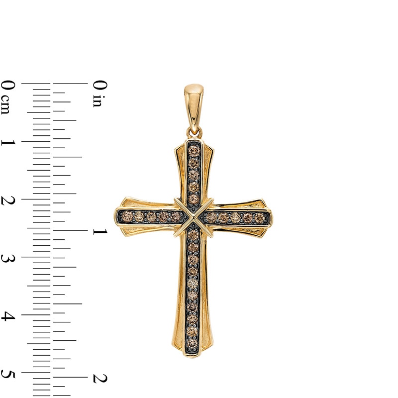 Main Image 2 of Men's 3/4 CT. T.W. Champagne Diamond "X" Flaring Layered Cross Necklace Charm in 10K Gold