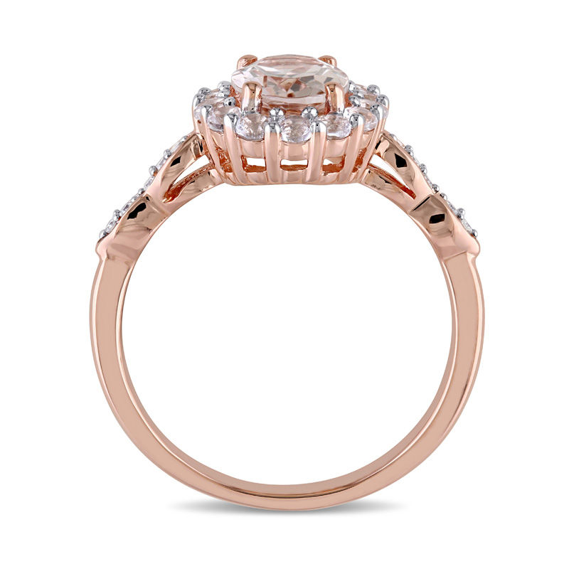 Oval Morganite, White Topaz and Diamond Accent Frame Engagement Ring in 14K Rose Gold