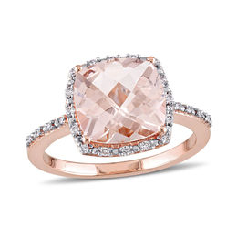 10.0mm Cushion-Cut Morganite and 1/10 CT. T.W. Diamond Frame Engagement Ring in 14K Rose Gold