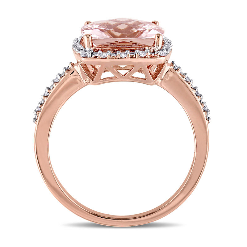 10.0mm Cushion Cut Morganite and 1 10 CT. T.W. Diamond Frame Engagement Ring in 14K Rose Gold