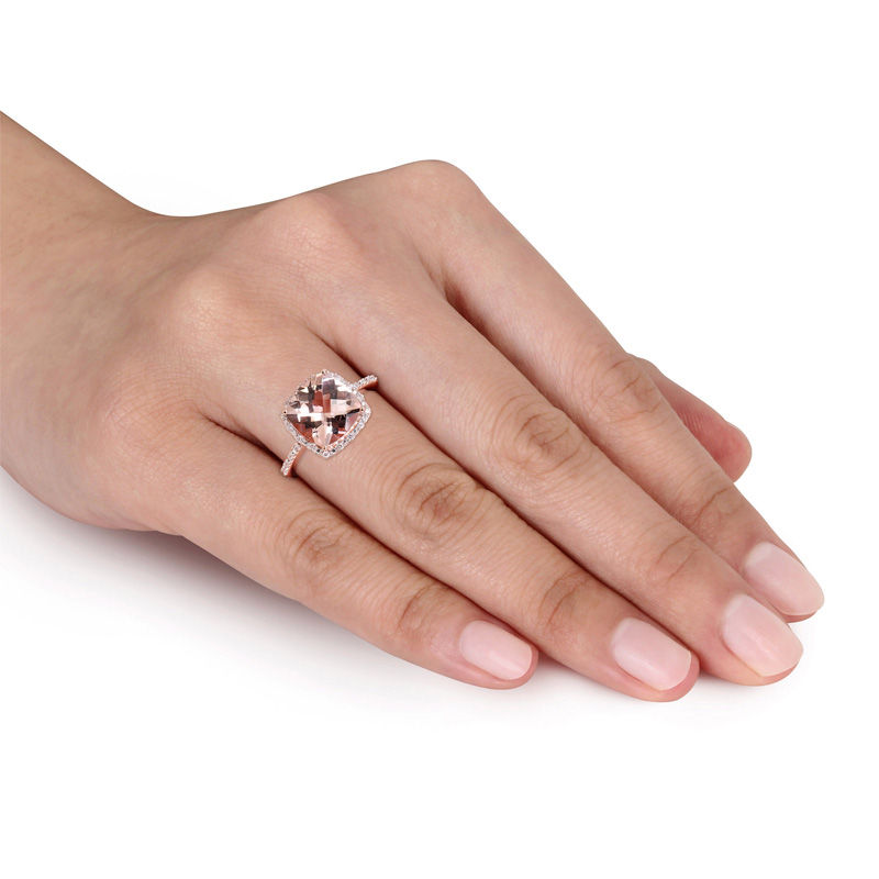 10.0mm Cushion-Cut Morganite and 1/10 CT. T.W. Diamond Frame Engagement Ring in 14K Rose Gold