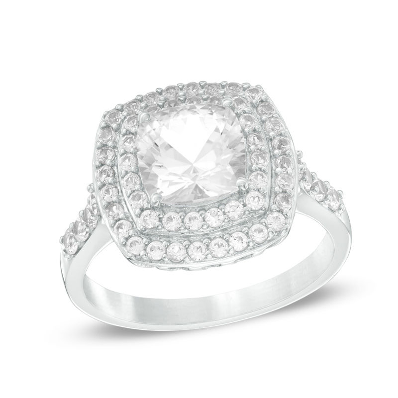 7.0mm Cushion-Cut Lab-Created White Sapphire Double Frame Engagement Ring in Sterling Silver