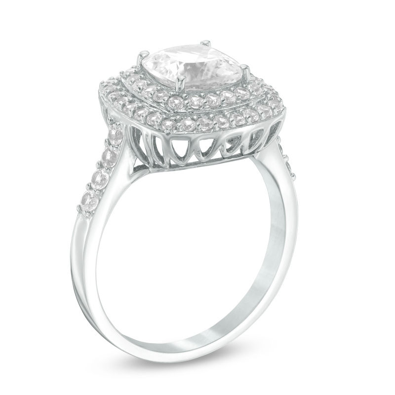 7.0mm Cushion-Cut Lab-Created White Sapphire Double Frame Engagement Ring in Sterling Silver