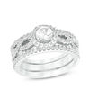 Thumbnail Image 0 of 5.0mm Lab-Created White Sapphire Frame Three Piece Bridal Set in Sterling Silver