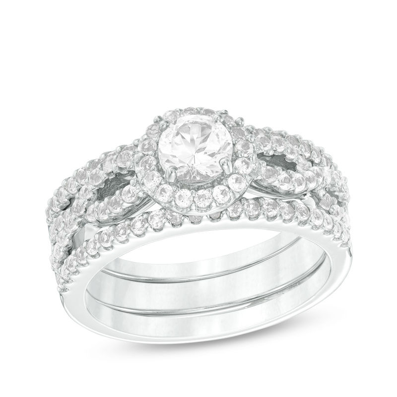 Main Image 1 of 5.0mm Lab-Created White Sapphire Frame Three Piece Bridal Set in Sterling Silver