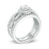Thumbnail Image 1 of 5.0mm Lab-Created White Sapphire Frame Three Piece Bridal Set in Sterling Silver