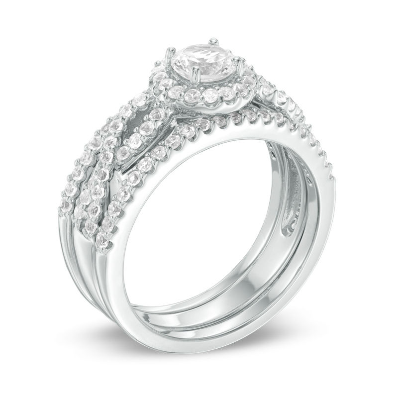 Main Image 2 of 5.0mm Lab-Created White Sapphire Frame Three Piece Bridal Set in Sterling Silver