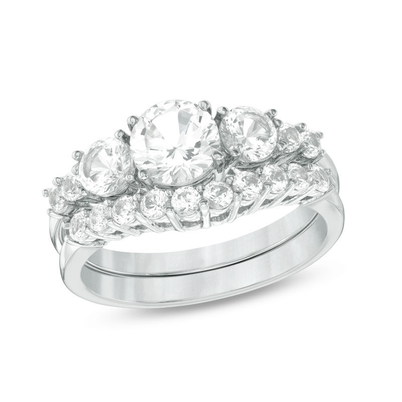 Main Image 1 of Lab-Created White Sapphire Three Stone Bridal Set in Sterling Silver