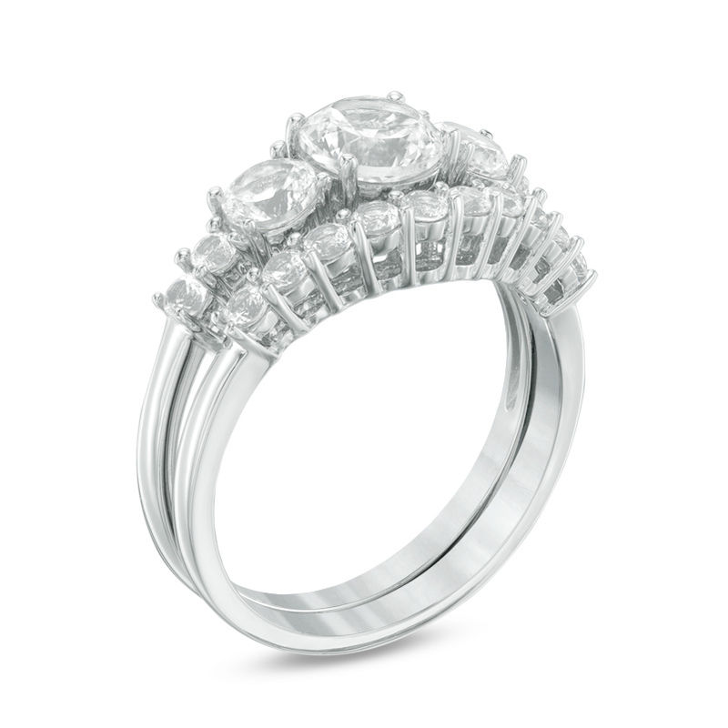 Main Image 2 of Lab-Created White Sapphire Three Stone Bridal Set in Sterling Silver