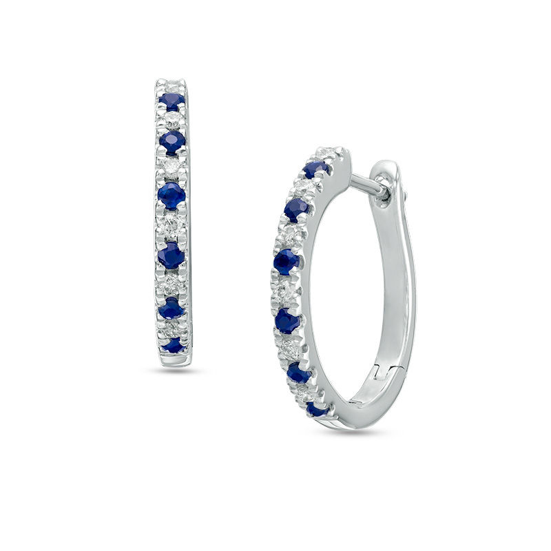 Vera Wang Love Collection 1/8 CT. T.W. Diamond and Blue Sapphire Alternating Hoop Earrings in Sterling Silver