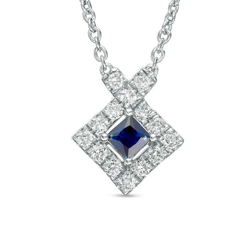Main Image 1 of Vera Wang Love Collection Blue Sapphire and 1/4 CT. T.W. Diamond Frame Necklace in Sterling Silver - 19"