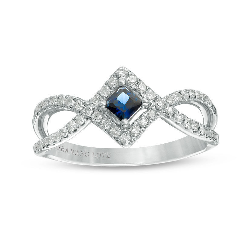 Vera Wang Love Collection Princess-Cut Blue Sapphire and 1/4 CT. T.W.  Diamond Frame Ring in Sterling Silver