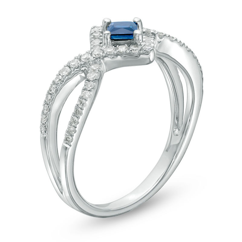 Main Image 2 of Vera Wang Love Collection Princess-Cut Blue Sapphire and 1/4 CT. T.W. Diamond Frame Ring in Sterling Silver