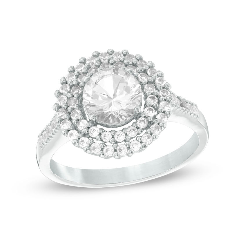 Main Image 1 of 6.5mm Lab-Created White Sapphire Double Frame Engagement Ring in Sterling Silver