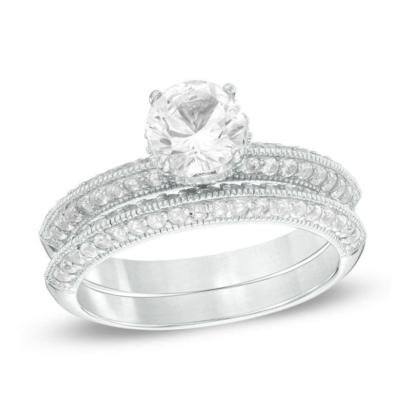 Main Image 1 of 6.25mm Lab-Created White Sapphire Vintage-Style Bridal Set in Sterling Silver