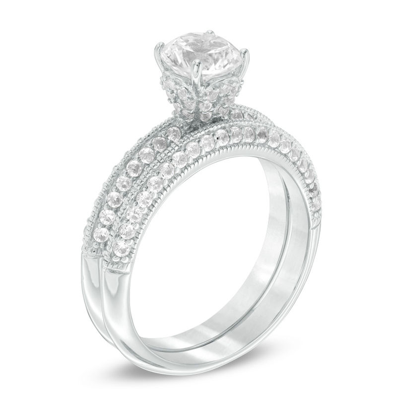 Main Image 2 of 6.25mm Lab-Created White Sapphire Vintage-Style Bridal Set in Sterling Silver