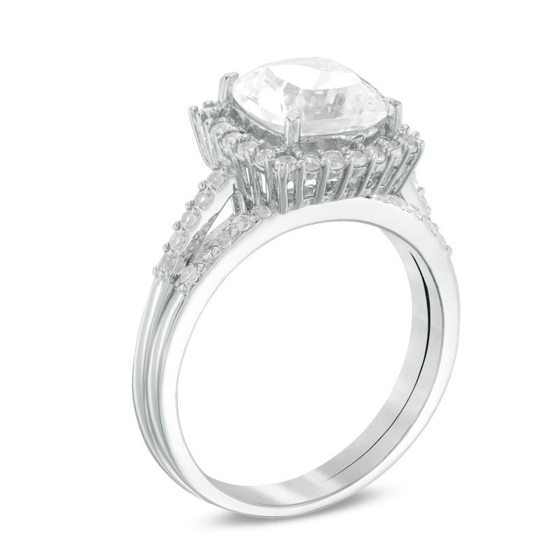 8.0mm Cushion-Cut Lab-Created White Sapphire Frame Bridal Set in Sterling Silver