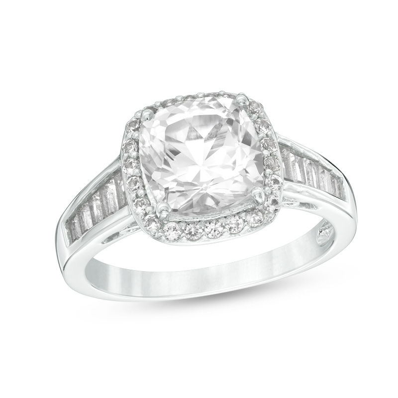 Main Image 1 of 8.0mm Cushion-Cut Lab-Created White Sapphire Frame Engagement Ring in Sterling Silver