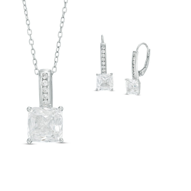 Main Image 1 of Princess-Cut Lab-Created White Sapphire Pendant and Drop Earrings Set in Sterling Silver