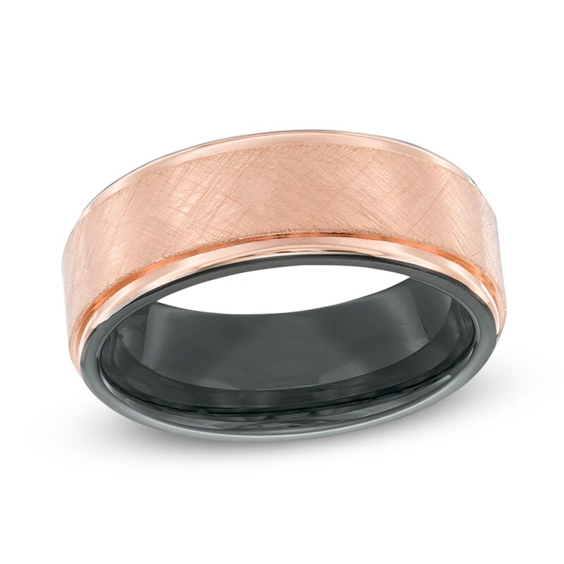 Main Image 1 of 8.0mm Brushed and Polished Wedding Band in Rose and Black IP Stainless Steel - Size 10