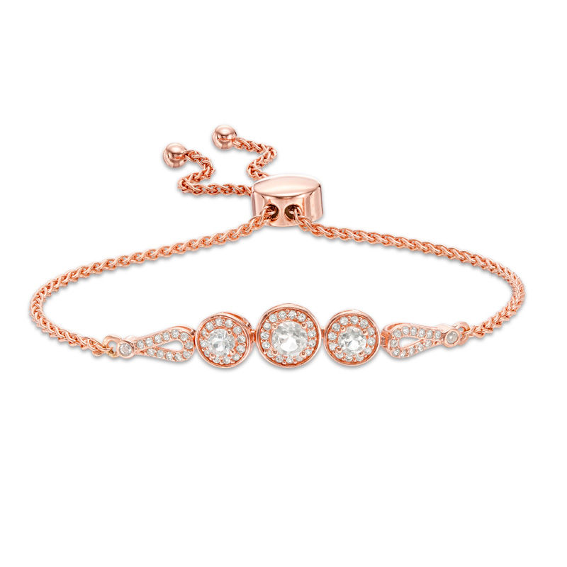 Lab-Created White Sapphire Frame Three Stone Bolo Bracelet in Sterling Silver with 18K Rose Gold Plate - 9"