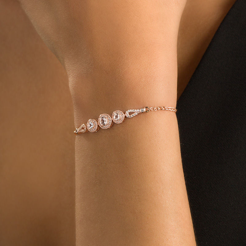 Lab-Created White Sapphire Frame Three Stone Bolo Bracelet in Sterling Silver with 18K Rose Gold Plate - 9"