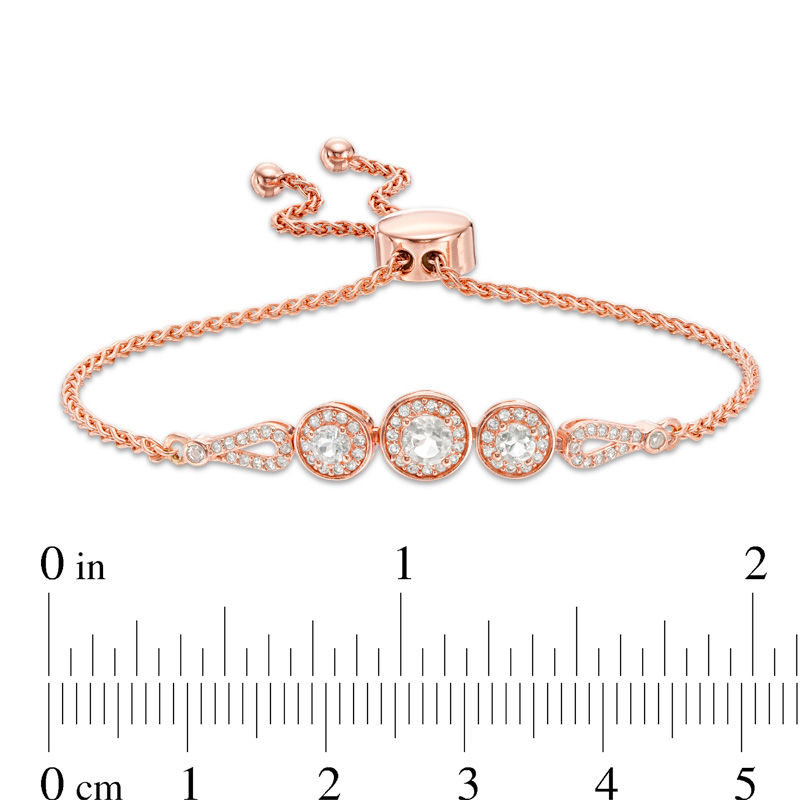 Lab-Created White Sapphire Frame Three Stone Bolo Bracelet in Sterling Silver with 18K Rose Gold Plate - 9"