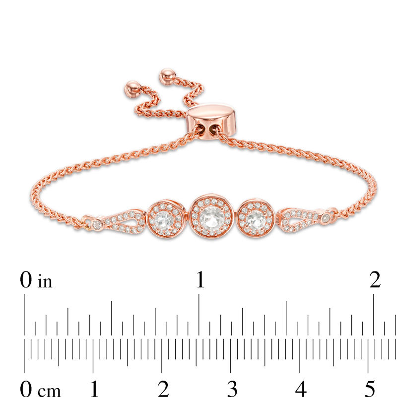 Main Image 3 of Lab-Created White Sapphire Frame Three Stone Bolo Bracelet in Sterling Silver with 18K Rose Gold Plate - 9"