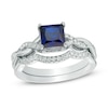 Thumbnail Image 1 of 6.0mm Princess-Cut Lab-Created Blue Sapphire and 1/8 CT. T.W. Diamond Twist Shank Bridal Set in Sterling Silver