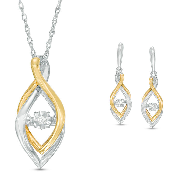 Main Image 1 of 1/20 CT. T.W. Diamond Flame Twist Pendant and Earrings Set in Sterling Silver with 14K Gold Plate