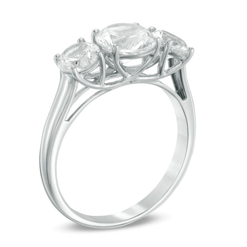 Main Image 2 of Lab-Created White Sapphire Three Stone Engagement Ring in 10K White Gold