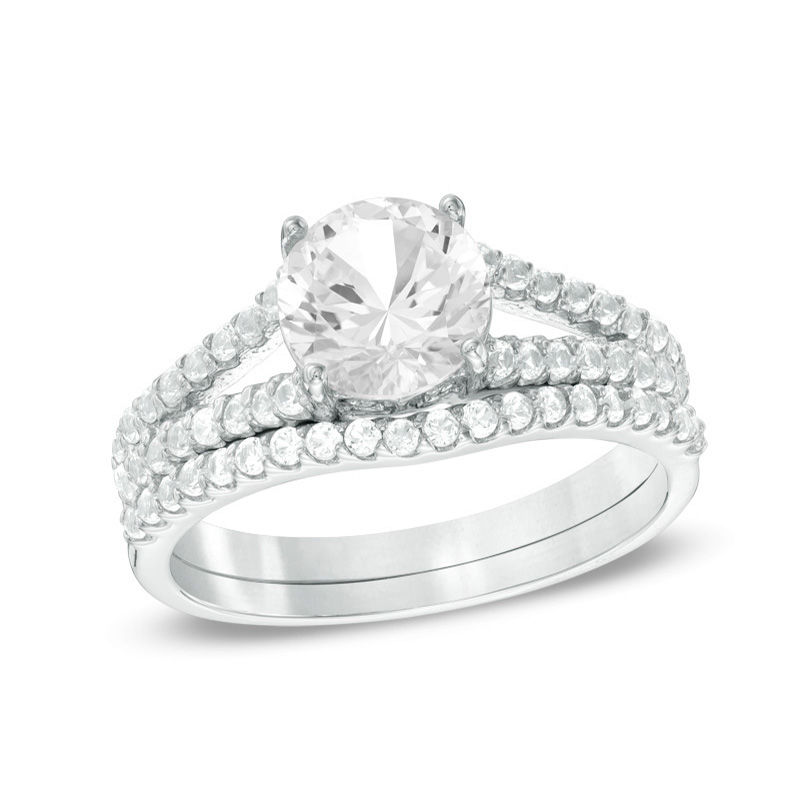 Main Image 1 of 7.0mm Lab-Created White Sapphire Split Shank Bridal Set in Sterling Silver