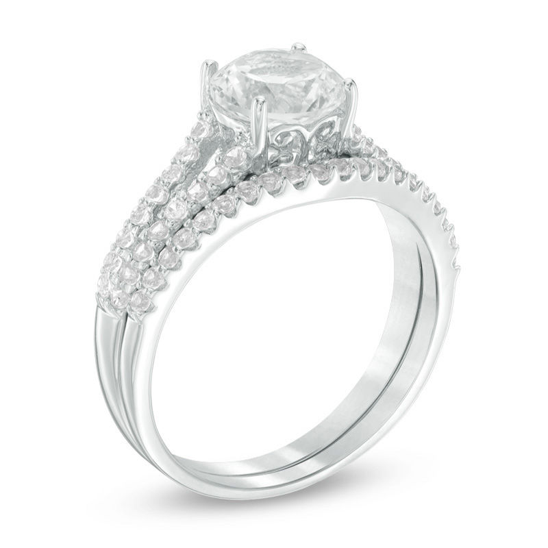 Main Image 2 of 7.0mm Lab-Created White Sapphire Split Shank Bridal Set in Sterling Silver