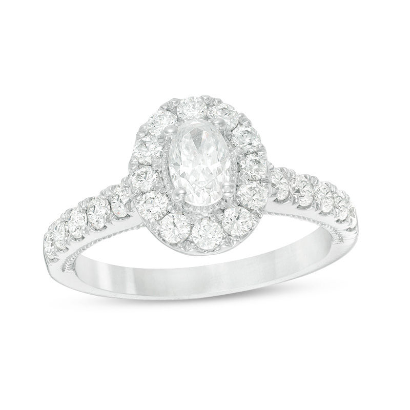 Main Image 1 of Celebration Ideal 1-1/3 CT. T.W. Oval Certified Diamond Frame Vintage-StyleEngagement Ring in 14K White Gold (I/I1)