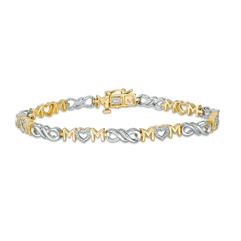 Main Image 1 of 1/20 CT. T.W. Diamond Alternating "MOM" and Infinity Link Bracelet in Sterling Silver and 14K Gold Plate - 7.5"